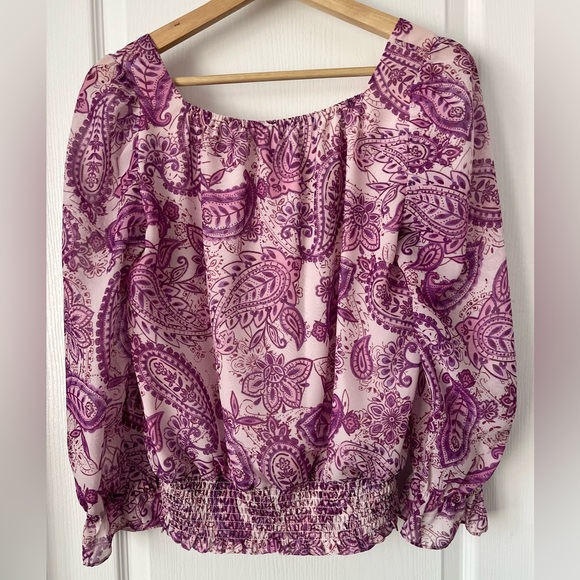 MELANIE LYNE-Paisley Smocked Waist Blouse Pink Purple Boho Top Size 4 - Picture 9 of 10